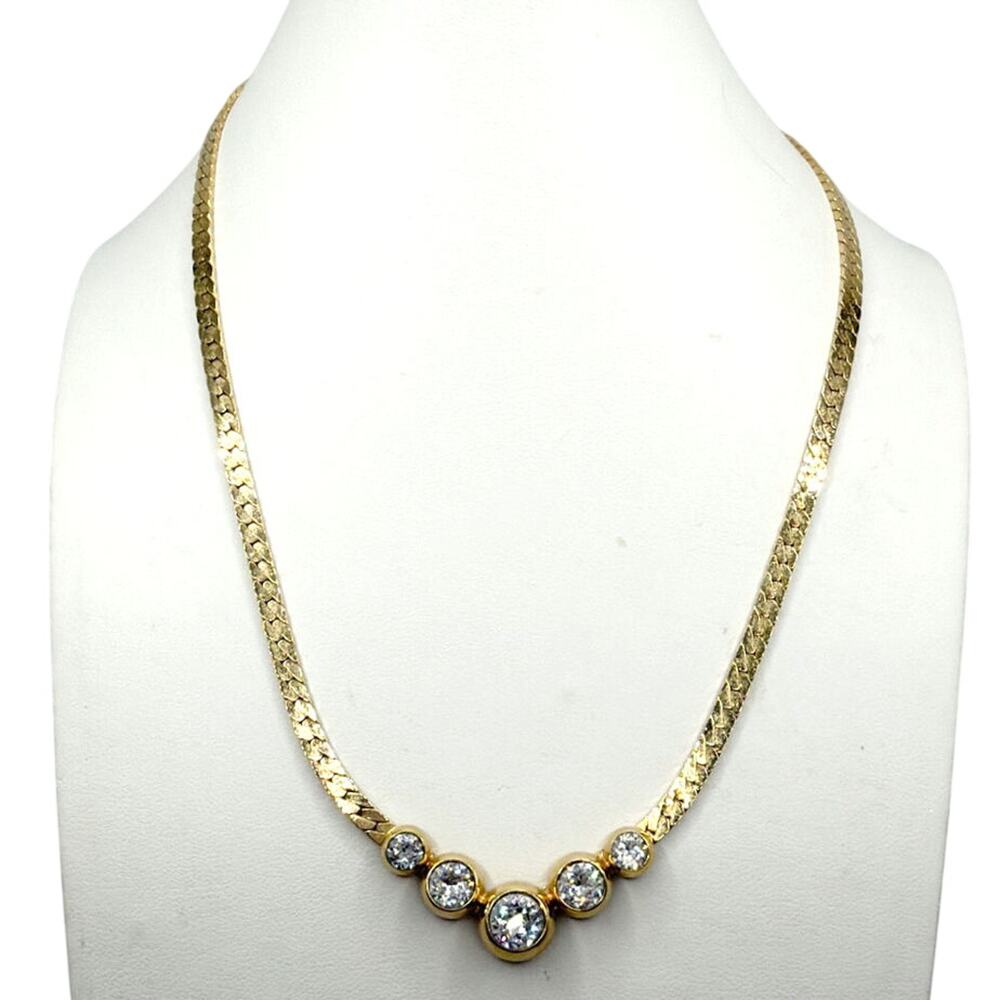 Retro Gold Tone Necklace With Sparkly Rhinestones 17”